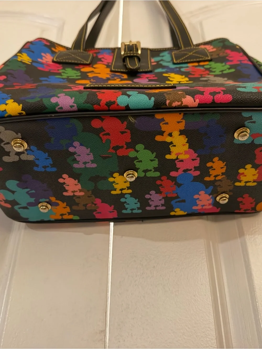 Disney Dooney & Bourke Black Multicolor Mickey Print Tote Purse Black Leather